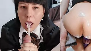 Maid Cosplayer girl deepthroats dick while riding a dildo with her oiled up ass