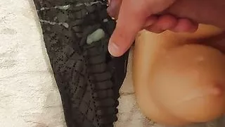 New huge cumshot with erotic toy and on the tanga of a cuckold roommate