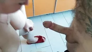 I do a deep blowjob to my son-in-law in the kitchen and get hot cum in my mouth