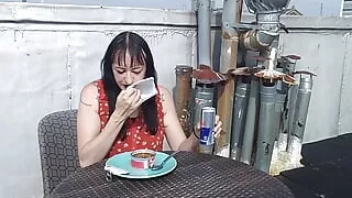 Dumb Goth Girl eats cat food