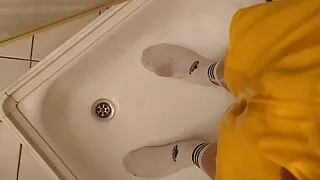 piss in yellow adidas boxer and white sox