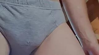 Innocent walk around in tight grey brief underwear, for perving eyes.