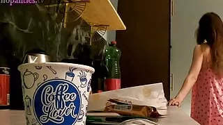 No panties no bra girlfriend in the kitchen with a nightie satin pyjama