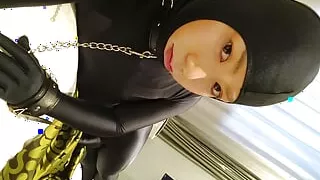 Japanese crossdresses masturbate wearing open face zentai