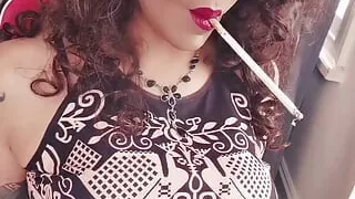 Hot Brunette trans girl smoking long cigarettes, knows you're watching