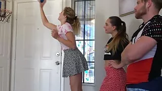 A strip indoor basketball game with two hot girls and 1 lucky dude