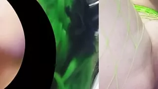 The best blowjob ever from green hair punk girl wearing devil horns & fishnets.