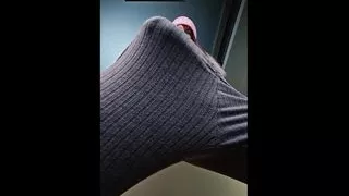 Big Dick Shemale has monster cock bulge in gray sweat pants