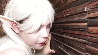 Japanese skinny cosplay Miu Akino in bed alone masturbating with a sex toy .