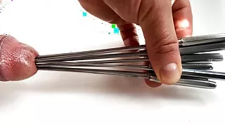 Nine rosebud sounds in cock. Extreme urethral sounding. Multisounding + cum.