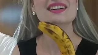 Horny blonde inserts her banana while her stepfather watches her