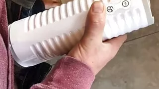 Happy daddy using his friend's gift on his huge thick cock.