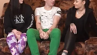 A strip game between a group of two girls and one lucky guy acting as the judge