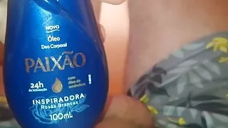 Boy lubing up cock first thing in the morning and starting sharpening