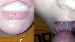 Swallowing mouthful of cum - close-up