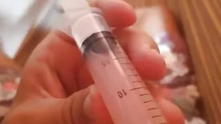 Injecting the friend's cum with a syringe inside the cock.