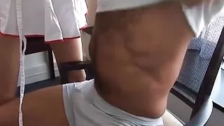 Dark-haired German nurse fucked by two patients