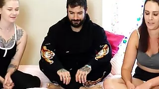 A mastery sex game with two sexy girls and one lucky guy