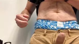 Jerking my big dick in the bathroom. I have a super hard-on and lots of precum! Verbal. Sagging in my boxers and shorts