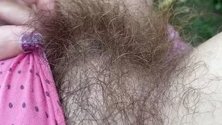 Super Hairy Pussy in Panties Closeup Outdoor