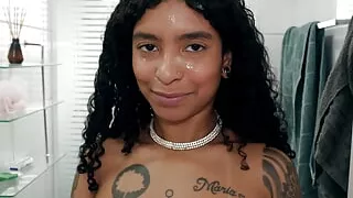 Tattoo latina bikini babe and heels sucks and blows a big cock and extracts cum