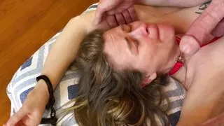 Submissive blonde handcuffed, choked and rammed in the pussy