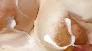 Wife TITFUCK with milking tits and MASSIVE LOAD on her, Lingerie fucking and droping milk nipples