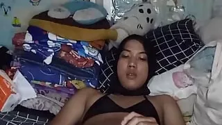Sexy hijab femboy wearing bikini and playing cock on the bed