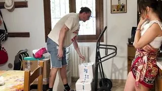 Unfaithful brunette wife cheats on her husband and hard with the moving guy-Dialogues English- Honey ans Biscuits