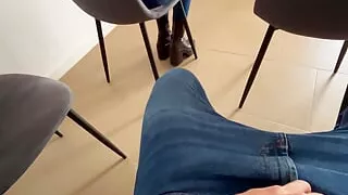 I pull down my pants and surprise the redhead who is dressed in jeans who helps me give me a in the dentist's waiting room