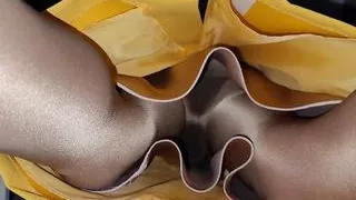 Looking up my Yellow skirt with a satin half slip