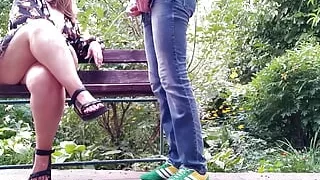 Mother-in-law receives golden shower in the park on her bare legs