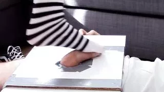 Amateur wife in stockings squeezes cock with her foot until cum flows