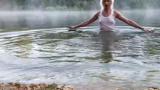 Swimming in the lake on morning in clothes...and nude... wet & happy! wetlook transgirl.