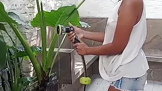 We played with the watering can and it ended up very wet.