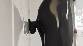 Latex Femboy Huge Black Dildo Fucking