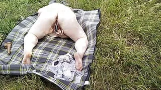 fat girl with big tits masturbates pussy with toys in nature