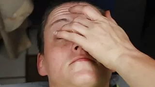 Dirty Dees laying back and taking  double loads of babies to the eyes,