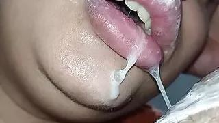 CLOSE UP and POV big greedy mouth eating a cock smeared with cum