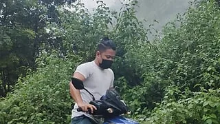 Risky rainy wet masturbate in shorts & strip near road by in a scooty near women police station.Nervous dick.