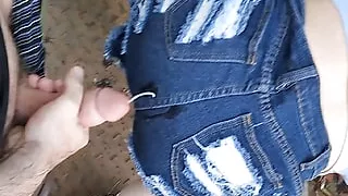 Outdoor blowjob for jeans fan! Tranny ass full with cum and everyone can see it!