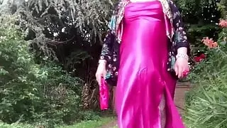 Dressed with a fuchsia dress for a night out