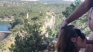 Hot babe gets deepthroated with no hands and swallows cum in public