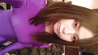 Japanese crossdresses Masturbate wearing purple Morphsuit