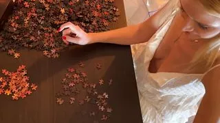 Hot Blonde Big Tits New Horny Wife No Panties No Bra uses Penis and Precum as Puzzle Fixative