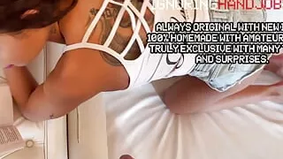 Hot Brunette Curly Hair Tight Pussy Petite MILF takes off her Denim Shorts Flashes Pussy and Ass while Playing with a Big Cock