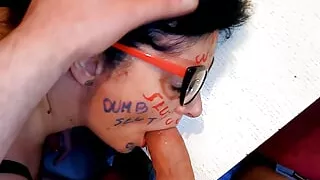 Dumb bitch with body writing taking cock slap, spitting and cum