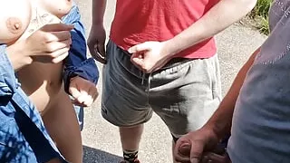 In the parking lot, two strangers masturbate and cum on their tits, handjob in public