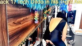 RAINFORESTMAN in Catsuit taking Black 17 inch Dildo in his Tight Ass.