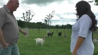 Riding his old and thick cock on the lawn